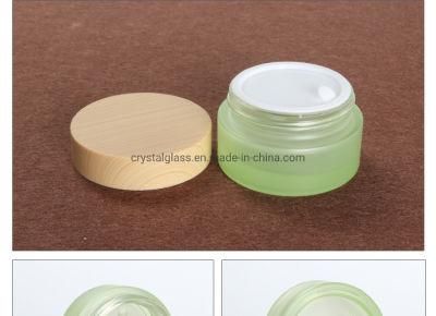 30g Empty Cream Jar Bottle with Wooden Caps in Green Glass