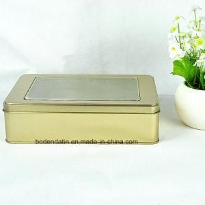 Custom Golden Metal Rectangular Cookie Tin Box with Clear Top Lid