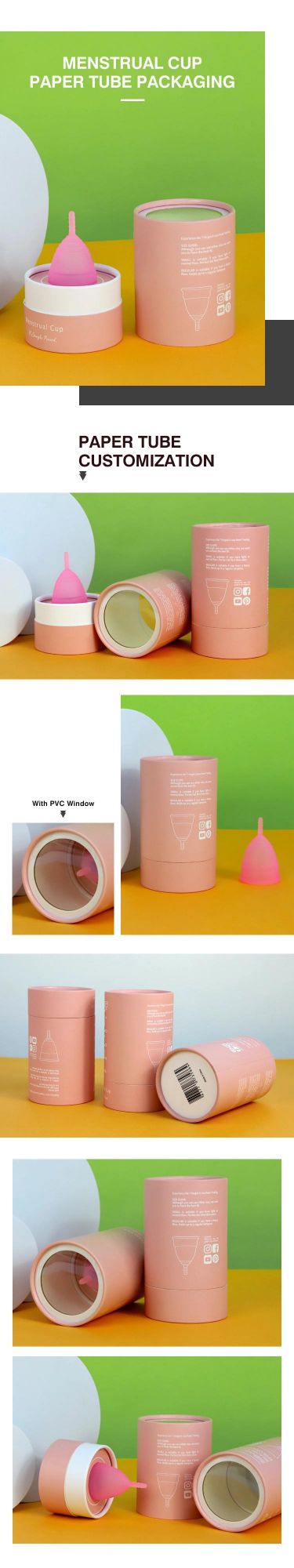 Firstsail Custom Printed Period Menstrual Cup Round Paper Box Packaging Bag Gift Wig Cosmetic Cylinder Tube with PVC Window Lid