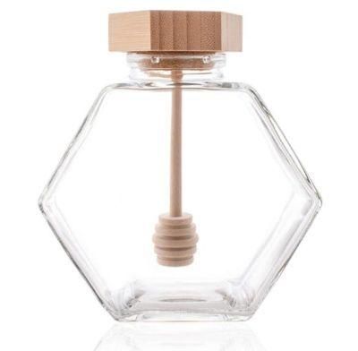 220ml 7.5oz Clear Glass Hexagon-Shape Honey Pot Honey Jar with Wodden Dipper and Cork Lid