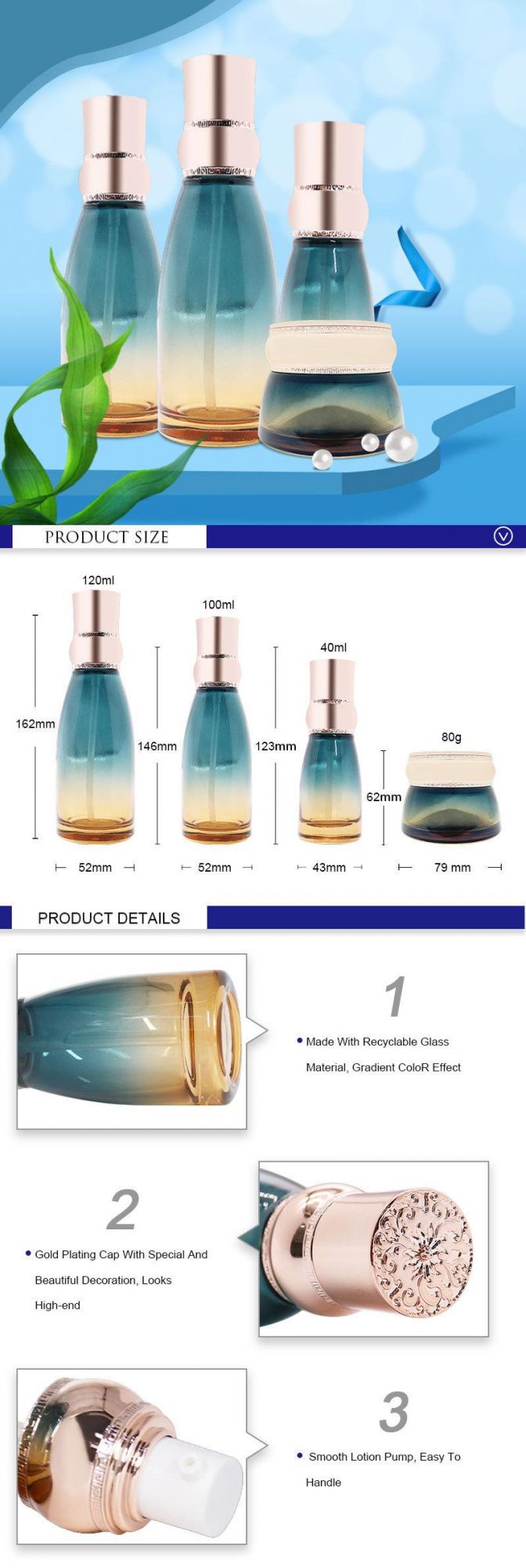 40ml 100ml 120ml Factory Skincare Cosmetic Packaging Glass Lotion Pump Bottles