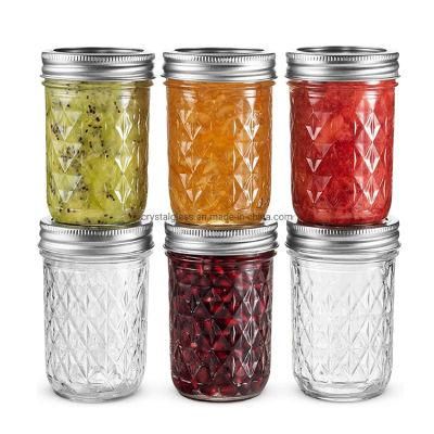 Wholesale 4oz 8oz 12oz Wide Mouth Size Quilted Mason Glass Canning Jar with Sliver Lids for Jam Jelly