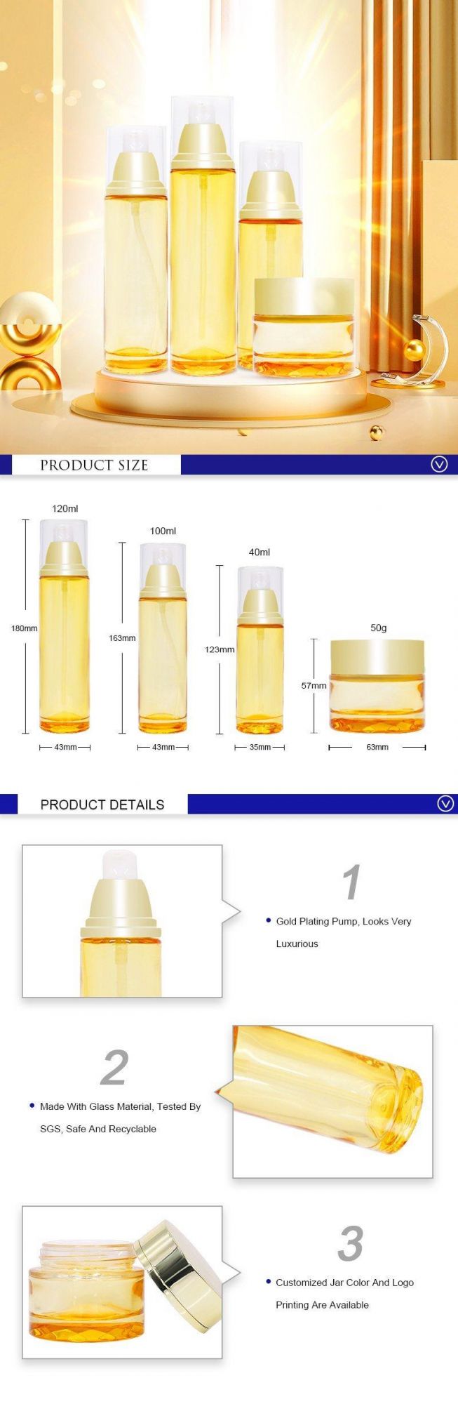 Custom Luxury Glass Skincare Packaging120ml 100ml 40ml 50ml Bottles Lotion Jar