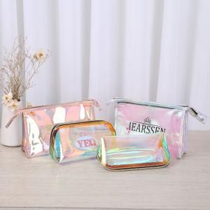High End Custom Logo Holographic Laser Pink Silver Clear PVC Zipper Cosmetic Makeup Wash Bag Travel Pouch
