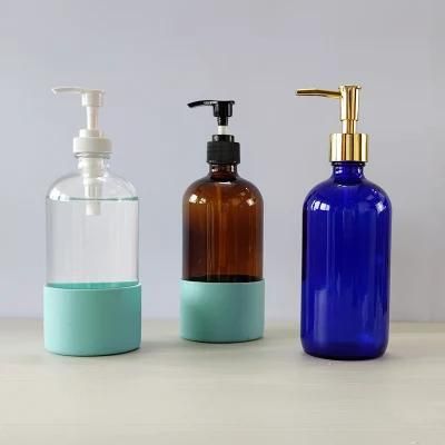16 Oz 500ml 16oz Boston Round Frosted Leak Roof Hand Wash Liquid Dispenser Soap Glass Pump Bottle for Sale