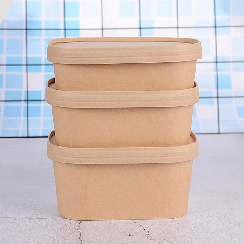 Wholesale Food Grade Paper Kraft Square Paper Bowl with Lid Rectangular Paper Container with PP Cover