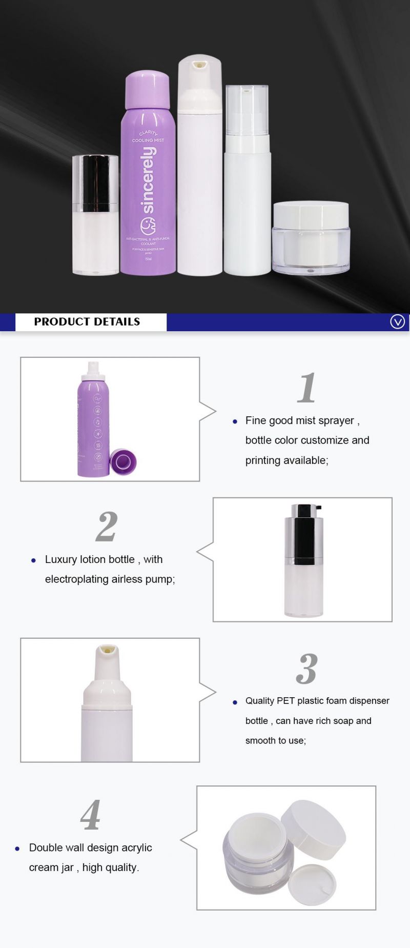 OEM Empty Cosmetic Packaging Acrylic Plastic Jar Container Airless Bottles Foam Spray Lotion Bottle Set