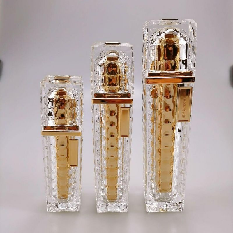 30ml 50ml 100ml Square Gold Acrylic Emulsion Bottle Diamond Foundation Bottle for Cream Serum