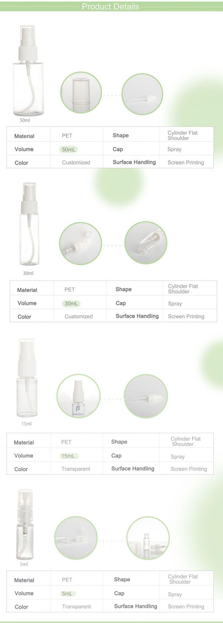 Wholesale Empty Pet Plastic 50ml Bottle with Fine Mist Spray