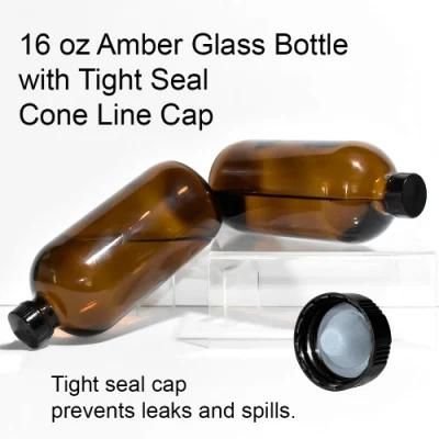 Amber Boston Round Glass with Black Ribbed Cap for Homemade Vanilla Extract, Essential Oils, Pharmacy 16/32oz