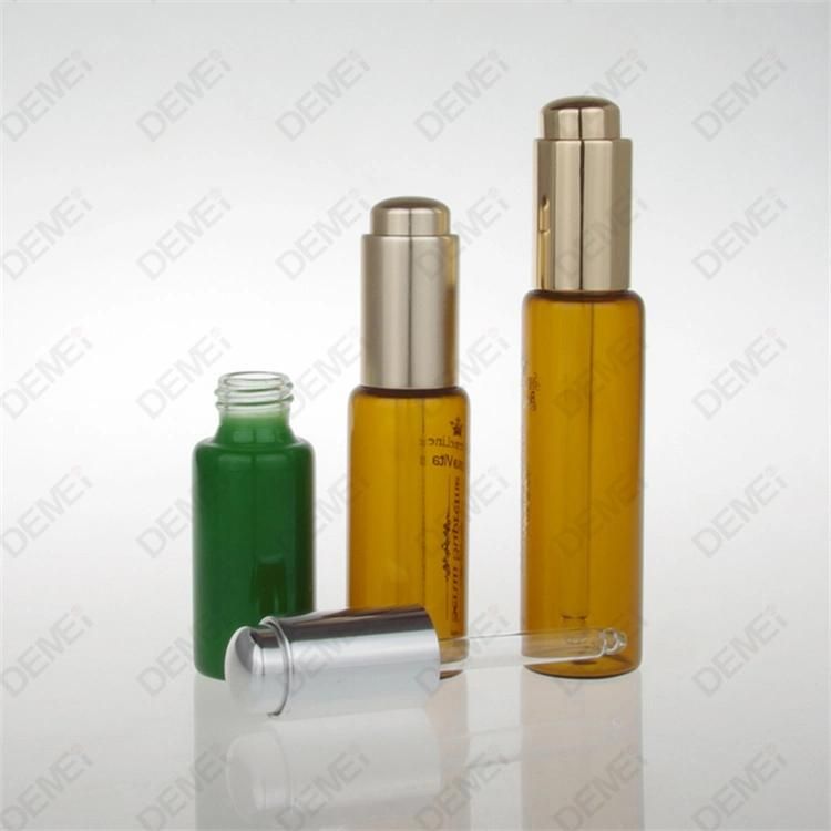 5ml-15ml Wholesale Cosmetic Packaging D23mm Stright Round Clear and Amber Serum Essential Oil Tube Glass Bottle with Gold Aluminum Press Button Dropper Cap