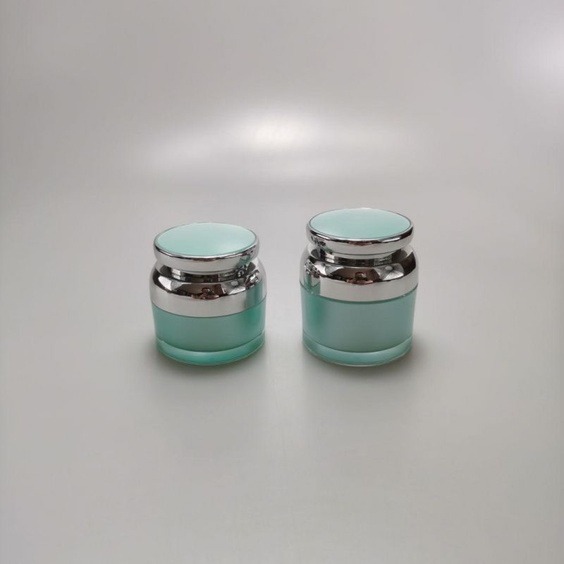 30g 50g Round Shape Green Acrylic Cream Jar with Metallized Silver Lid