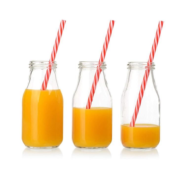 11oz Glass Milk Bottles with Reusable Metal Twist Lids and Straws for Beverage Glassware