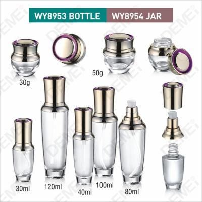 30/40/80/100/120ml 30/50g Cosmetic Skin Care Packaging Clear Conical Toner Lotion Glass Bottle and Cream Jar with Gold ABS Cap