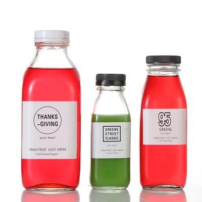 10oz 16oz 30oz French Square Beverage Juice Glass Milk Bottle with Plastic Cap 300ml 500ml 950ml