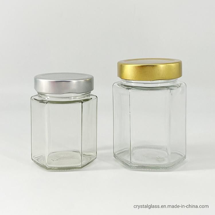 180ml 280ml 730ml Glass Hexagonal Honey Hot Sauce Tomato Sauce Salad Dressing Jar with Metal Screw Lids