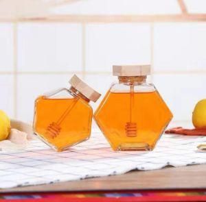 280ml Six-Sided Unique Design Glass Honey Jars for Honey Jam with Bamboo Stir Caps