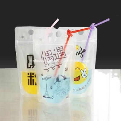Degradable Clear Juice Sealed Drink Pouches Translucent Reclosable Hand Held Stand up Zipper Bag with Plastic Straw Fruits Juice Plastic Pouch