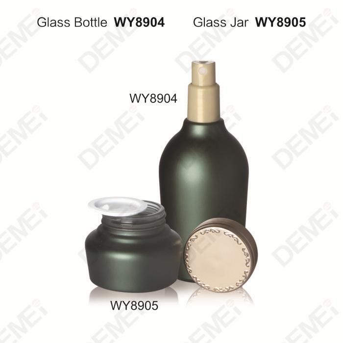 50/130ml 30/50g Cosmetic Skin Care Packaging Green Red Wine Shape Toner Lotion Glass Bottle and Cream Jar with Black Slim Cap