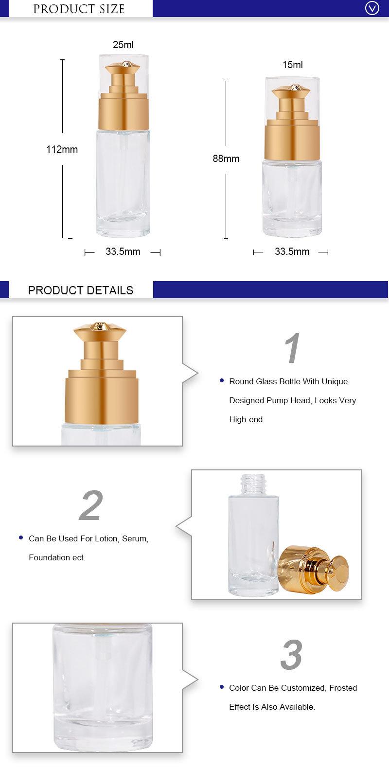 Empty Cosmetic Packaging 25ml 15ml Round Glass Lotion Bottle with Unique Design Pump Head for Serum and Foundation