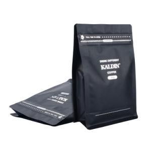 8oz 16oz Black Matte Logo Printed Side Zipper Flat Bottom Coffee Packaging Plastic Bag with Valve