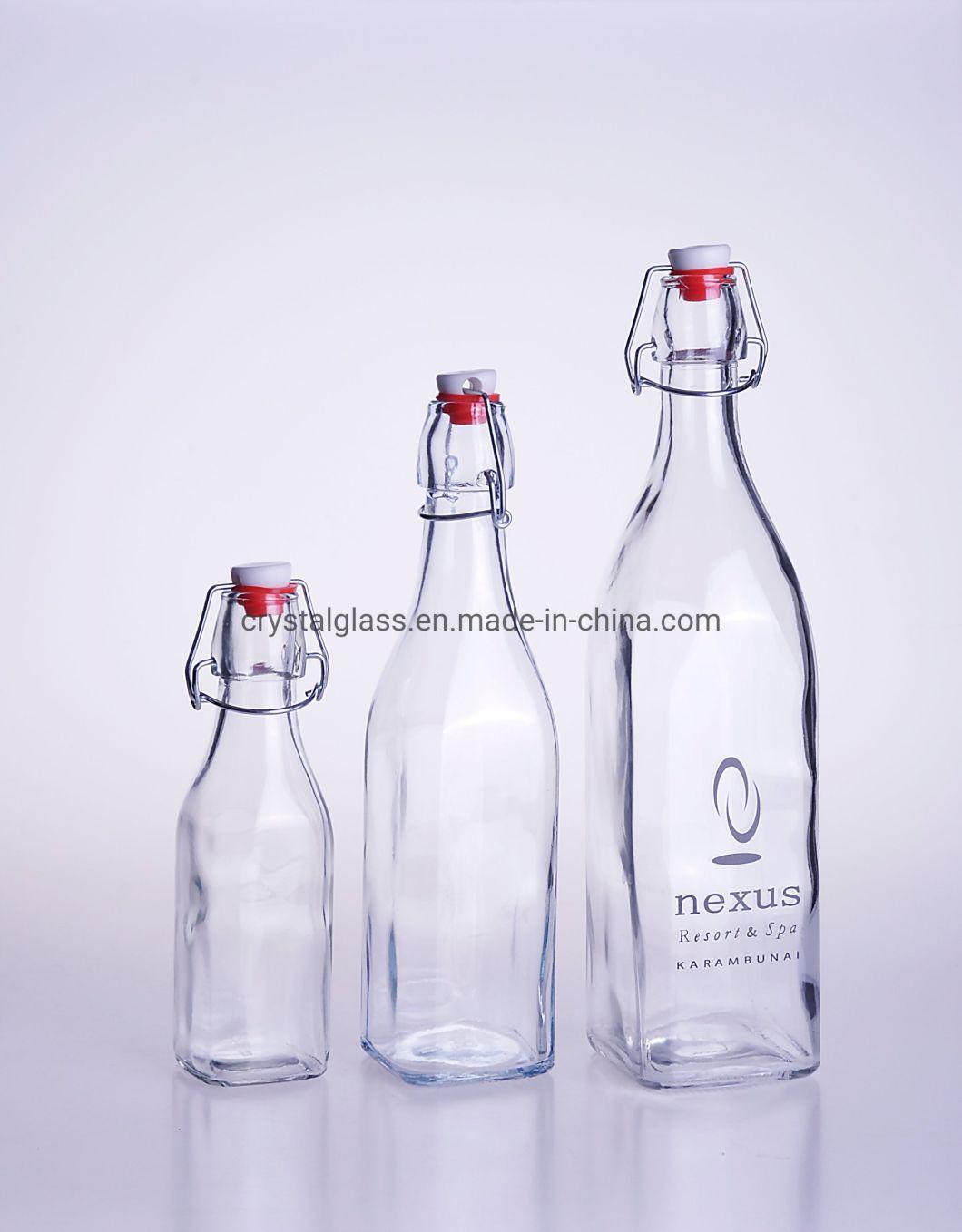 1000ml 500ml 250ml Customized Logo Printing Drinking Square Glass Water Bottles with Swing Clip Top