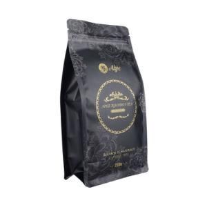 Eco Friendly Zipper Matte Black Coffee Tea Ziplock Plastic Bag Food Packaging Flat Block Bottom Valve Bag