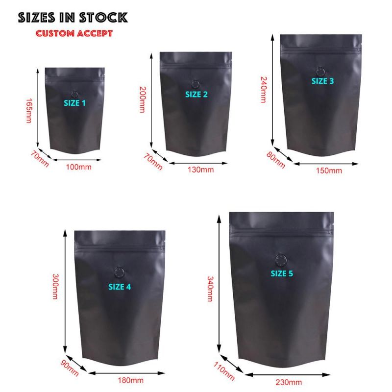 Custom Design Aluminum Foil Matt Black Coffee Beans Packaging Side Gusset Bags with Degassing Valve