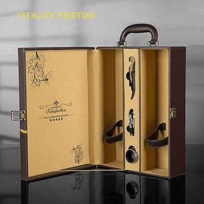 Custom Wholesale Rigid Wooden / PU Leather /Carboard Luxury Hand Carry Lock Display Christmas Wine Liquor Barware Storage Bottle Gift Packing Box