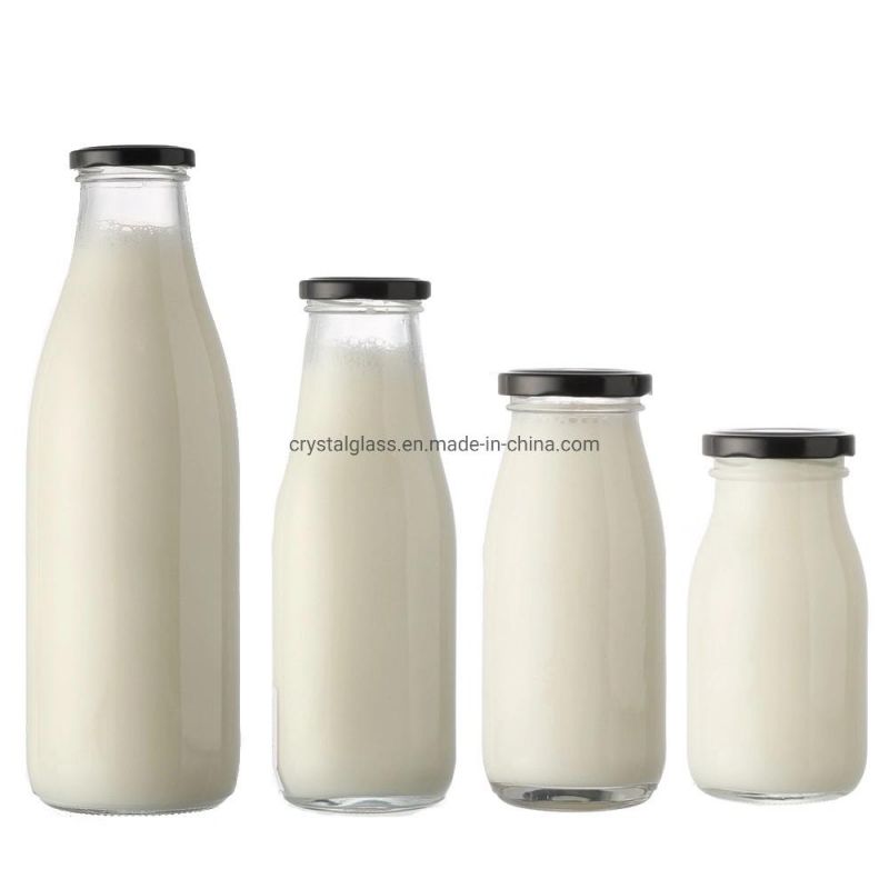 250ml 8oz Round Glass Fresh Milk Bottle with Safety Button Lids
