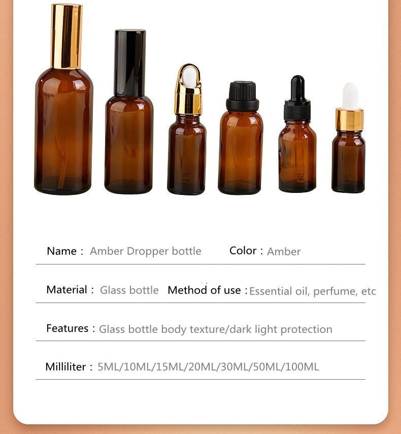 China 5ml-100ml Dropper Amber Brown Color Dispenser Packaging Essential Oil Glass Bottle of Water Perfume Cosmetic Medicine Juice