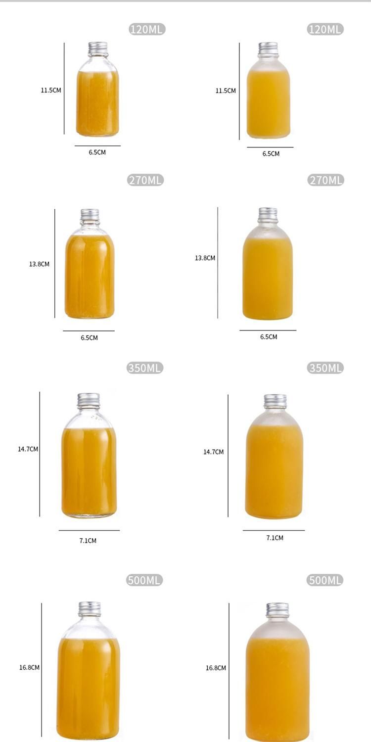 Wholesale Aluminum Cap Clear Round Glass Beverage Bottle Drinking for Kombucha Cold Pressed Juice with Logo Printing 150ml 250ml 350ml 500ml