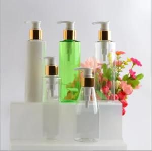 180ml200ml Pet Plastic Flat Shoulder Cosmetic Shower Gel Shampoo Bottle with Gold and Silver Lotion Pump