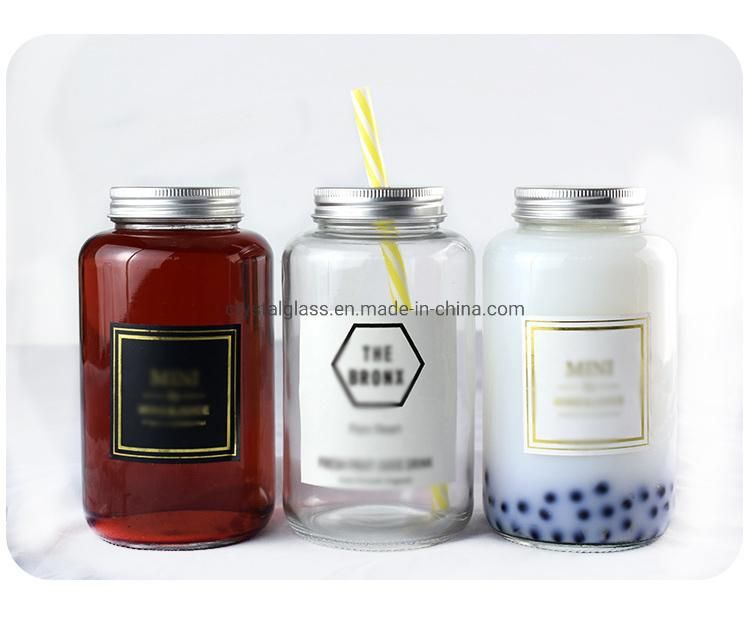 500ml/16oz Glass Milk Coffee Glass Bottles Packaging with Straw and Meatal Caps