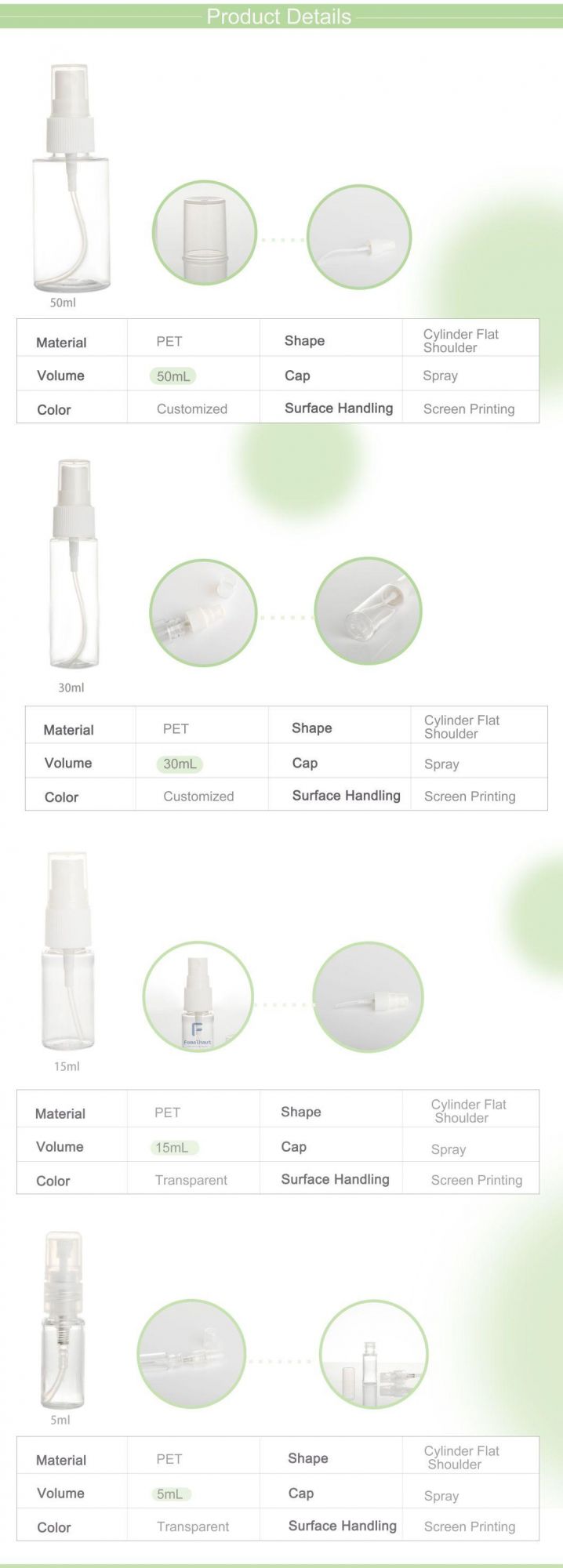 Refillable Fine Mist Container Pet Plastic Spray Bottle