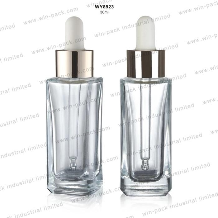 Winpack China Supplier Cosmetic 30ml Square Glass Dropper Bottle with Rubber Head Transparent or Frosted Cosmetic Wholesale 30ml Glass Dropper Bottle with Gold