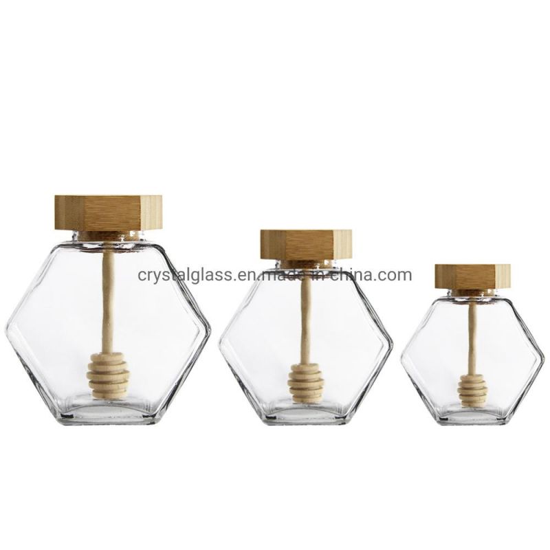 380ml 100ml High Quality Luxury Hexagon Empty Glass Honey Jar with Dipper and Bamboo Lid