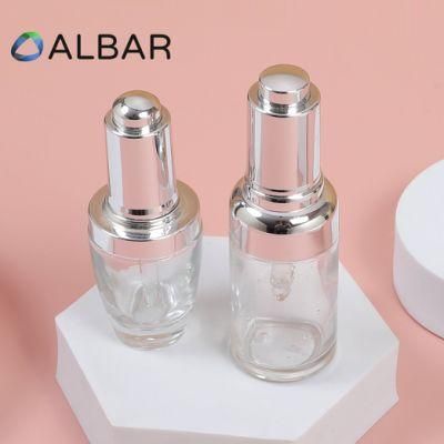 Silver Press Pump Cylinder Oval 30ml 50ml Cosmetics Glass Bottles with Droppers