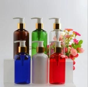 220ml Pet Plastic Round Shoulder Dumpy Shower Gel Shampoo Bottle with Gold and Silver Lotion Pump