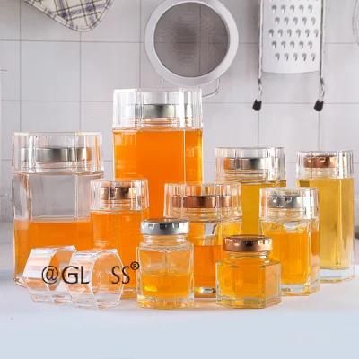 Premium 160ml Honey Jar Glass Hexagonal with Clear Hexagonal Cap