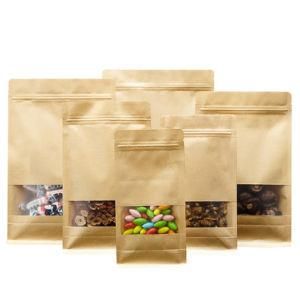 Spot Zip Lock Reusable Sealing Stand up Pouch Kraft Paper Food Storage Bag with Bright Half Transparent Windows