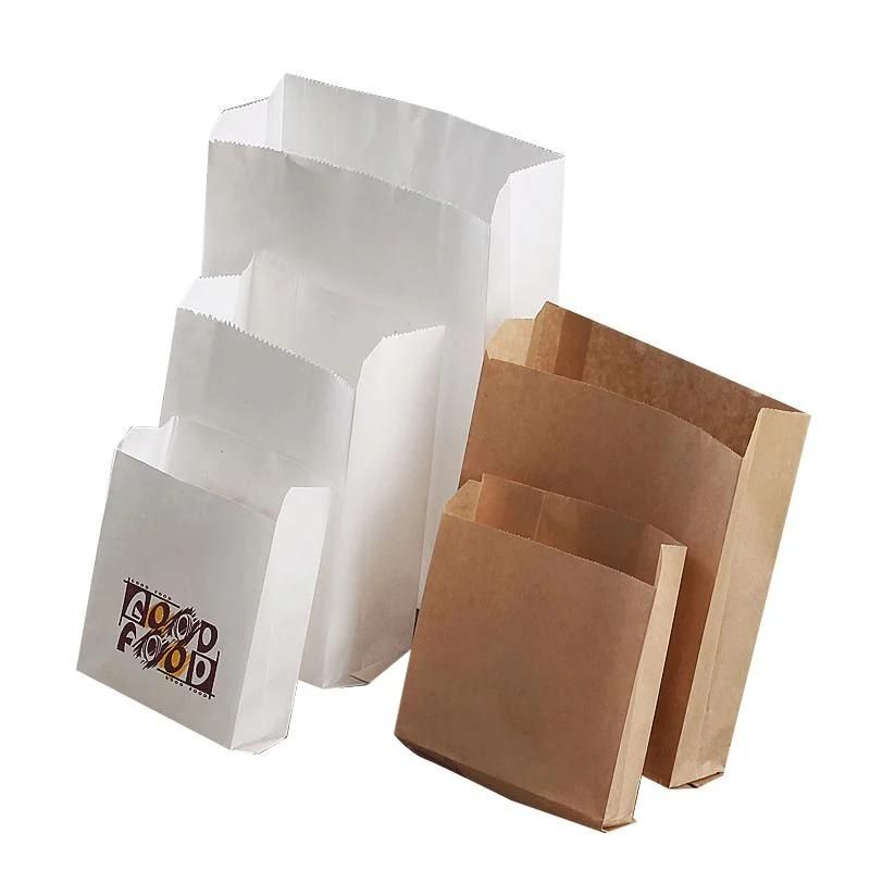 Custom Printed Flat Sharp Bottom Food Grade Paper Bag for French Fries Hamburgers Street Food Snacks Bread Donuts Takeaway