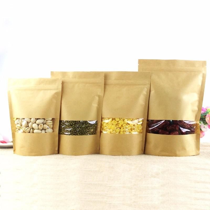Custom Printed Packaging for Coffee for Tea Resealable Doypack Zipper Stand up Pouch Brown Kraft Paper Bags with Clear Window