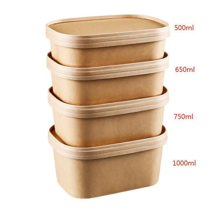Disposable Microwavable Fruit Salad Lunch Fast Food Container Kraft Paper Rectangular Packaging Bento Food Box