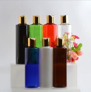 250ml Pet Plastic Flat Shoulder Shampoo Lotion Bottle with Alumite Gold and Silver Press Cap