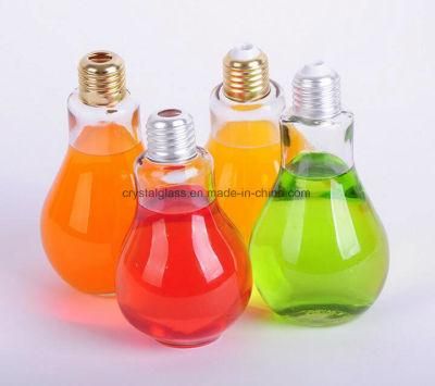 300ml Light Bulb Shape Glass Beverage Juice Bottle with Metal Screw Cap
