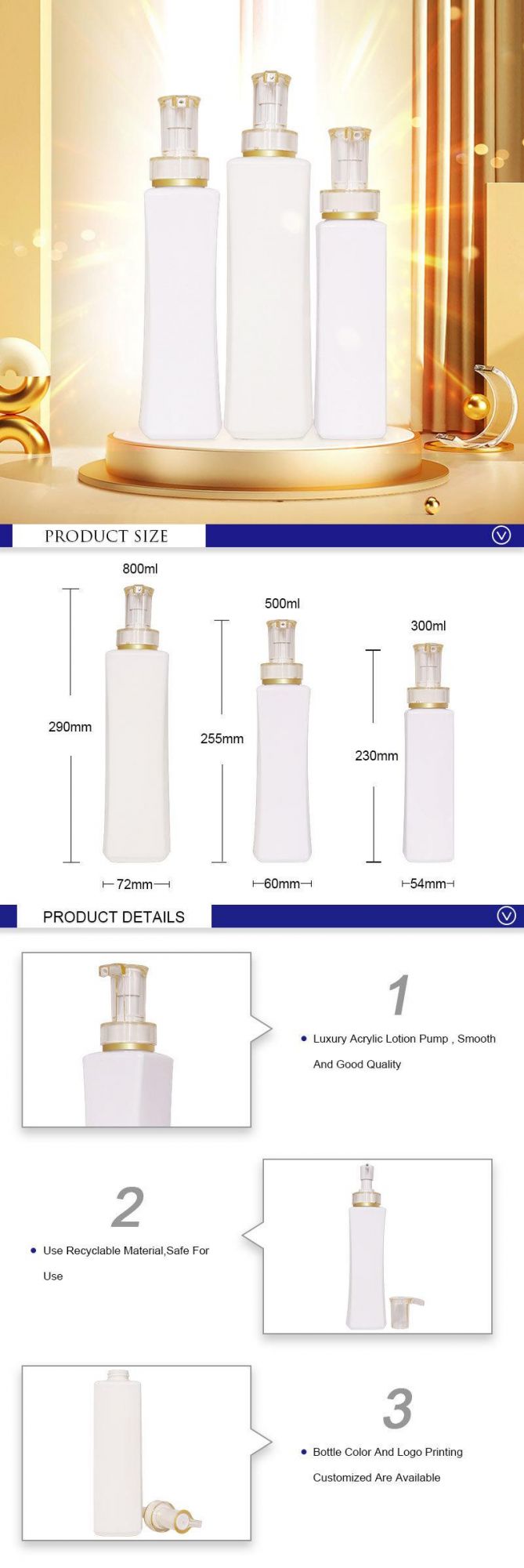 300ml 500ml 800ml White Pet Plastic Lotion Pump Bottles Packaging Cosmetic Shampoo Bottle