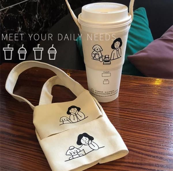 Hot Selling OEM Tea Carrier, Takeaway Coffee Cup Holder Canvas Reusable Beverage Takeout Sleeves with Handle