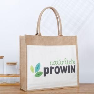 Hote Sale Eco Friendly OEM Customized Logo Jute Shopping Bag with Front Canvas Pocket