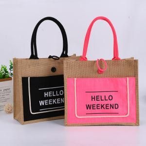 Eco Friendly Jute Bag Customized Logo Waterproof with Front Colorful Cotton Pocket Shopping Bag